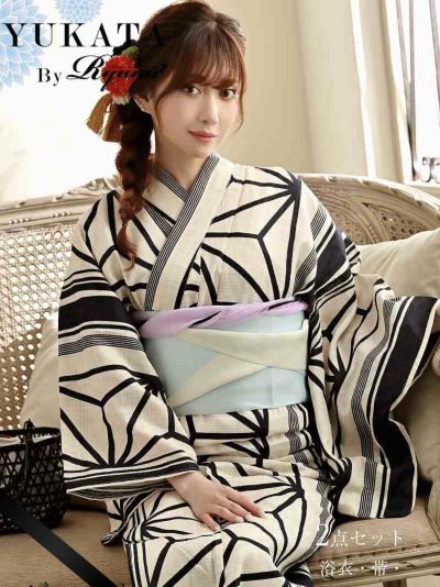 【即納】モノトーン麻の葉柄浴衣 加賀美早紀着用 レディース浴衣2点セット【Ryuyu/リューユ】